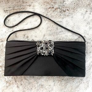 Jessica McClintock Satin Black Beaded Rhinestone Evening Clutch Purse handbag